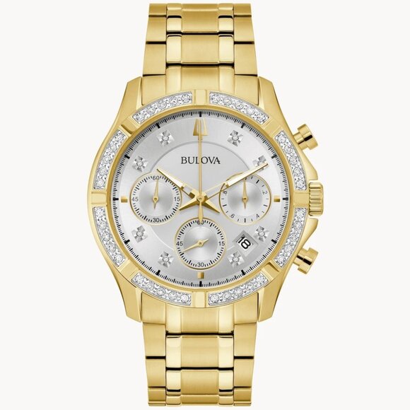 Bulova Men's Classic Quartz Chronograph Gemmed Calendar Gold Watch 43 MM 98E113
